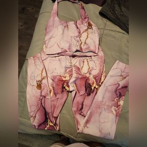 Fit Booty scrunch butt leggings and halter top pink,  purple and gold